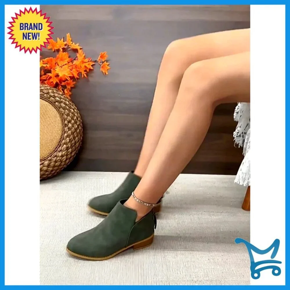 Women's Faux Suede Ankle Boots with Low Block Heel and Side Zipper